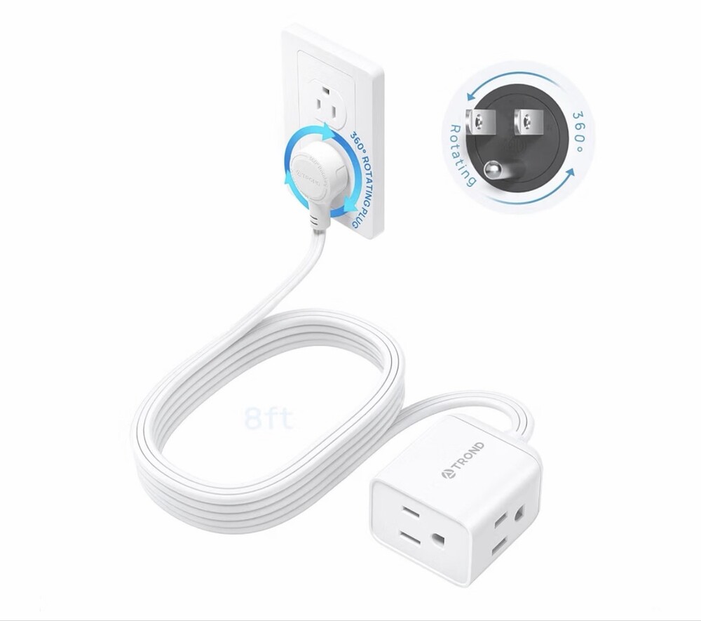 1.5ft Extension Cord, 360° Rotating Flat Plug, 3 AC Outlets, White td-ec-us01x